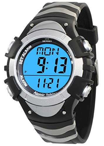 FIVE SENSES Atomic English Talking Watch for Seniors Men and Women Talking with DayDate Loud Alarm Clock Visually Impaired Silver